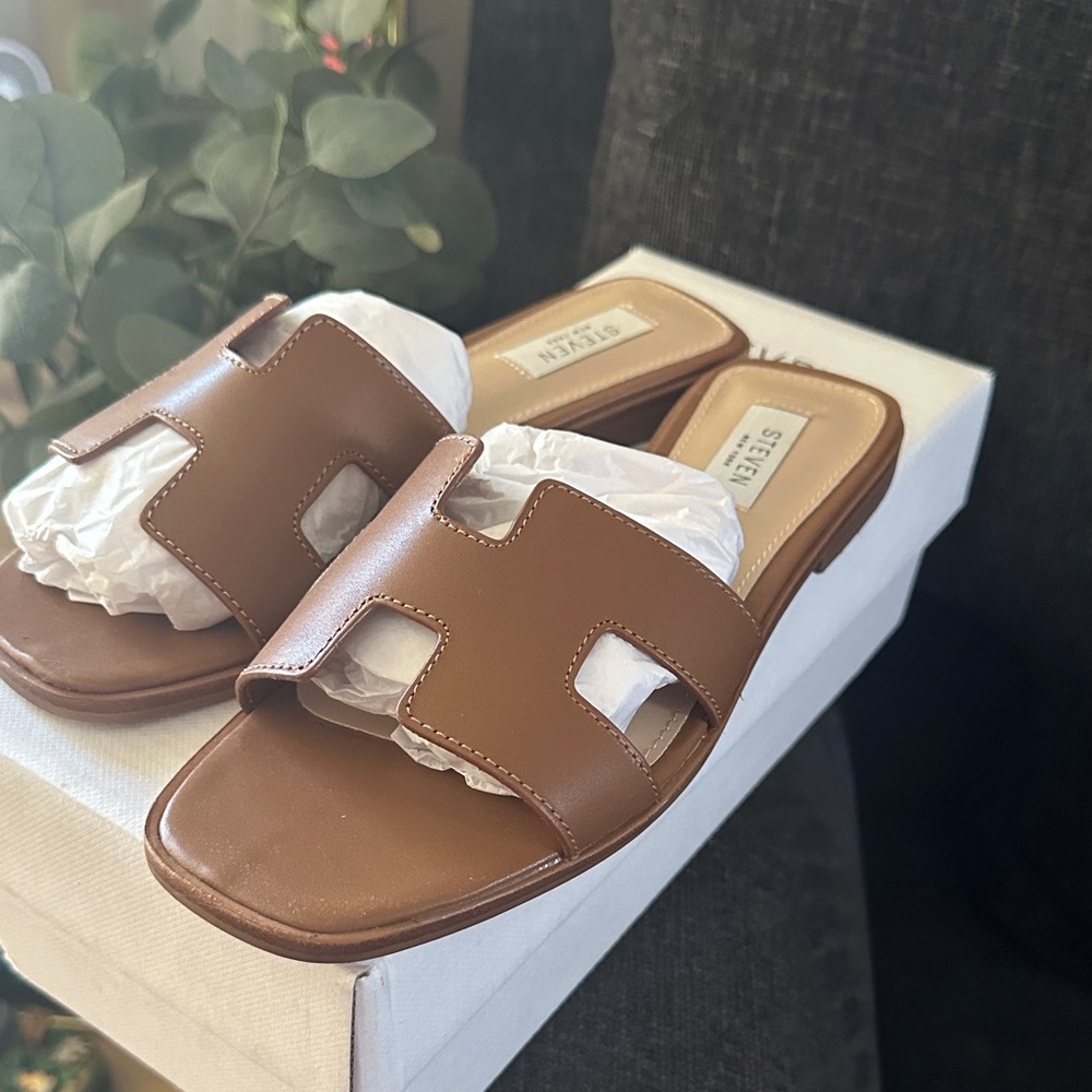 Steve Madden Brown Slip-On H-Detail Slide Sandals